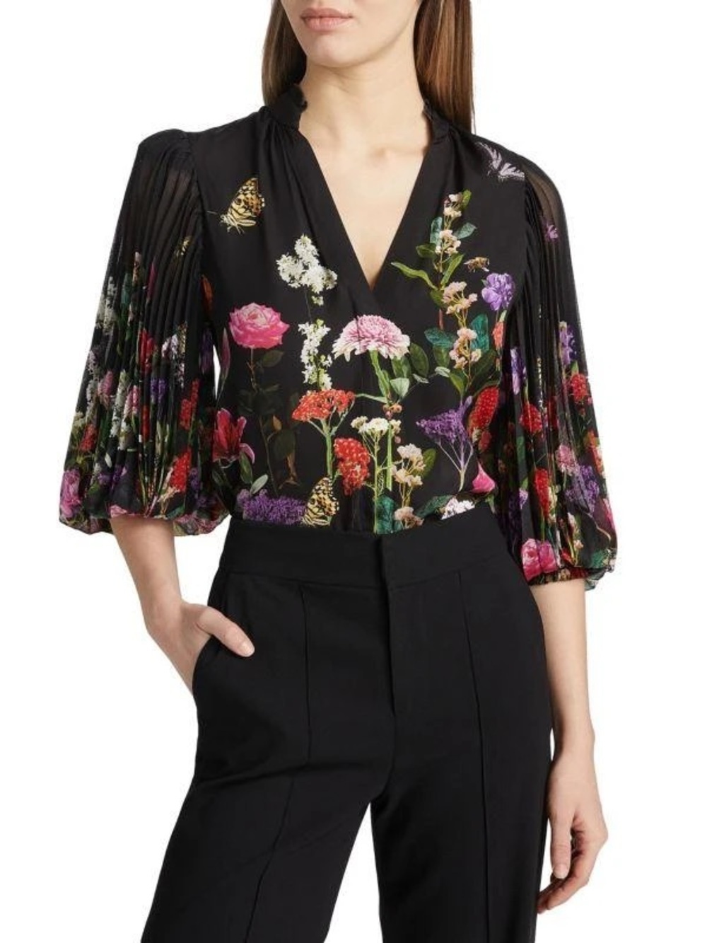 Alice & Olivia IIan V-Neck garden Botanical Balloon‎ Sleeve Shirt Blouse SZ XS